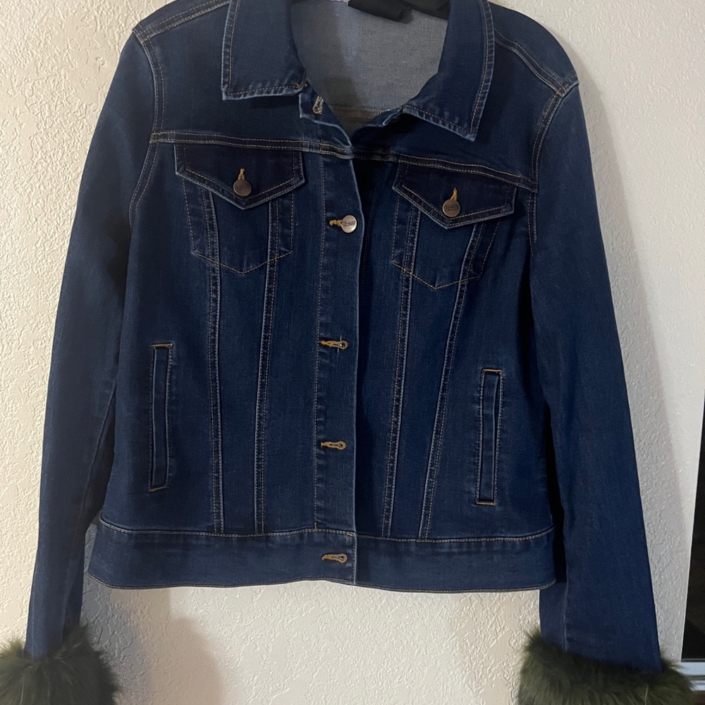 Nanette Lepore Dark Blue Denim Jacket with Green Faux Fur Cuffs